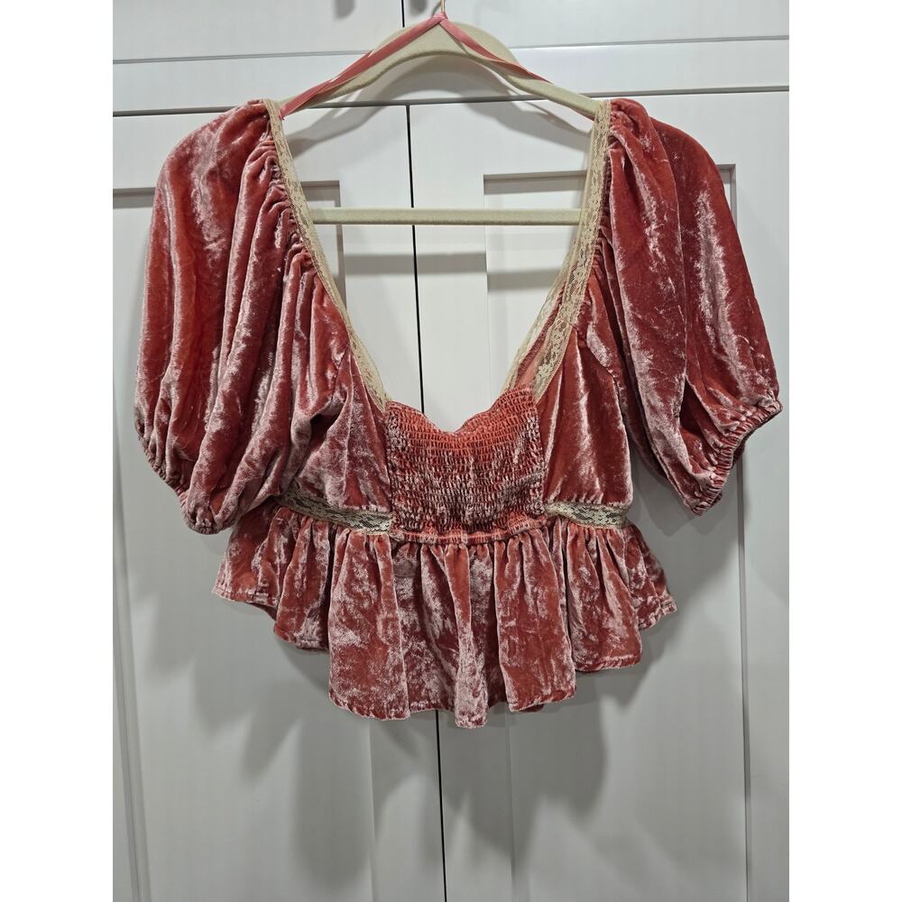 Free People Yours Truly Velvet Top Womens Small Mauve Lace Puff Sleeve Boho - Picture 7 of 16